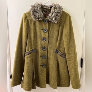 Free People Wool Green Tweed Swing Jacket Pea Coat Fur Collar Size 6 Y2K 2007